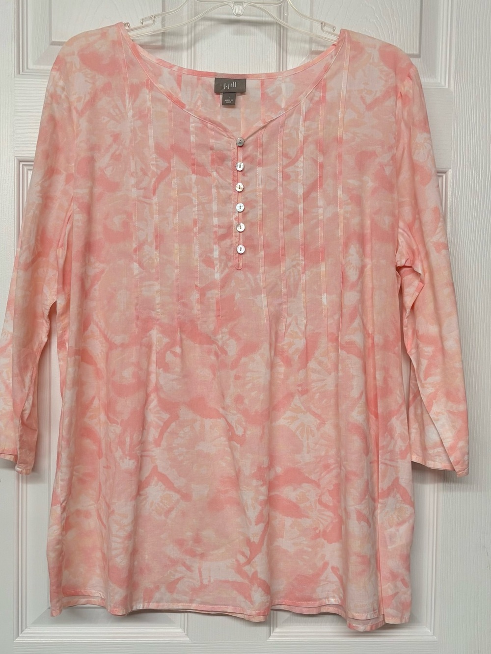J. Jill Pink Tie Dye Look Pintucked Pleated Cotton Top Sz L